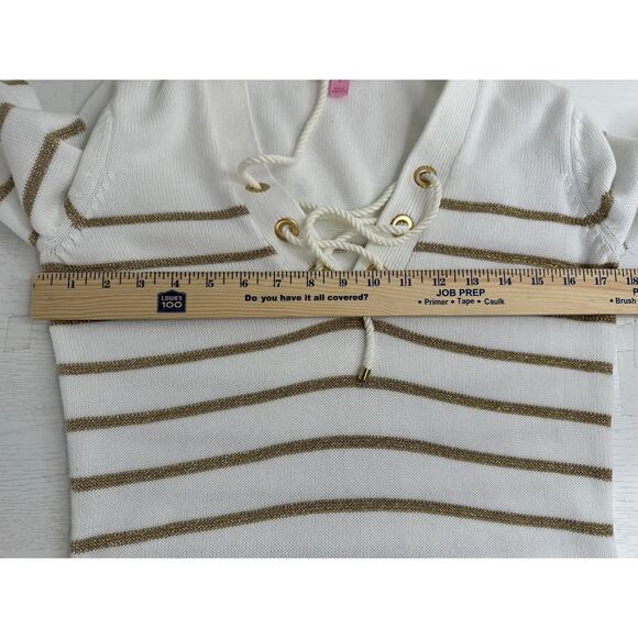 Lilly Pulitzer White Sweater Gold Metallic Stripes Tie Front Winter Casual S - Picture 8 of 8